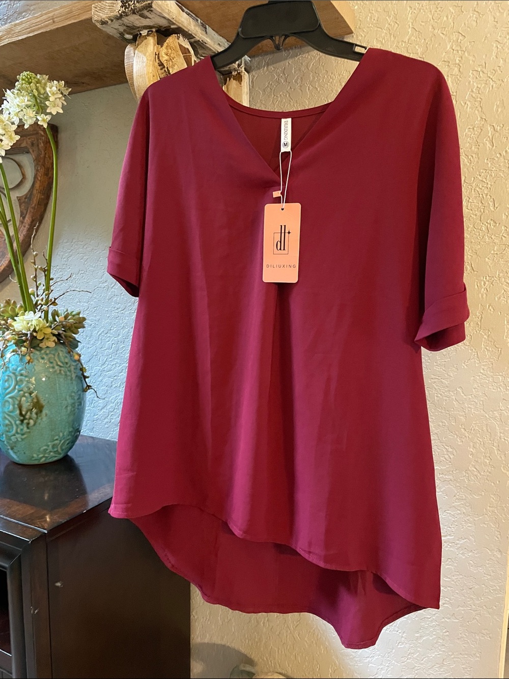 Burgundy V-Neck High-Low Tunic